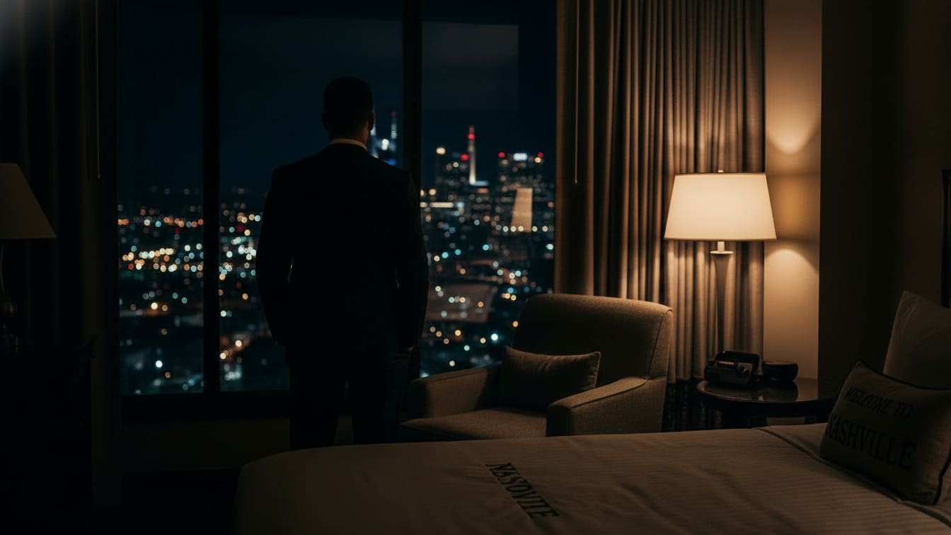 Traveler relaxing in best solo-friendly hotel room with city views, ideal Nashville accommodation for lone adventurers