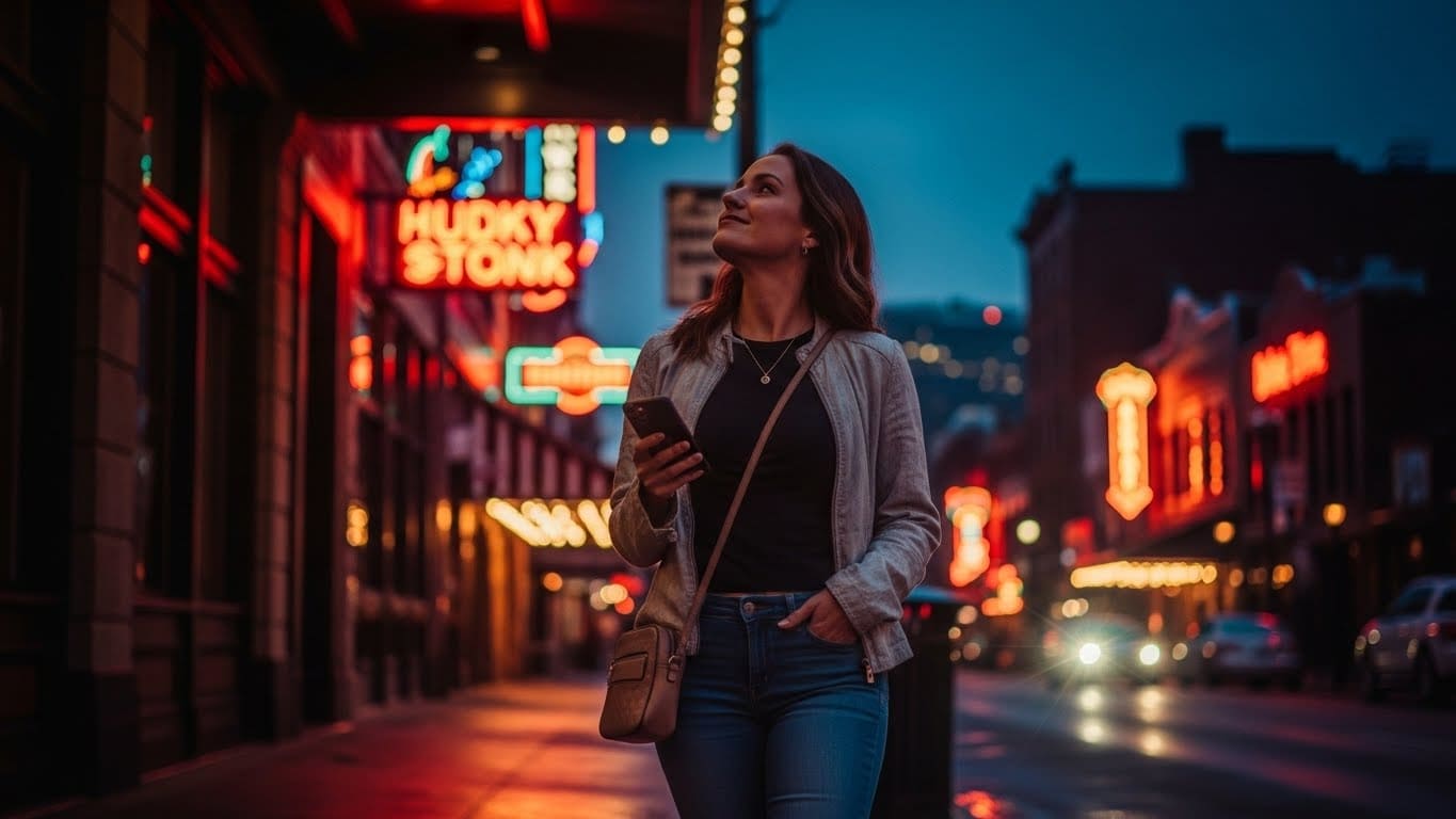 A Solo explorer walking Nashville's neon-lit Broadway, discovering Music City nightlife independently during evening hours