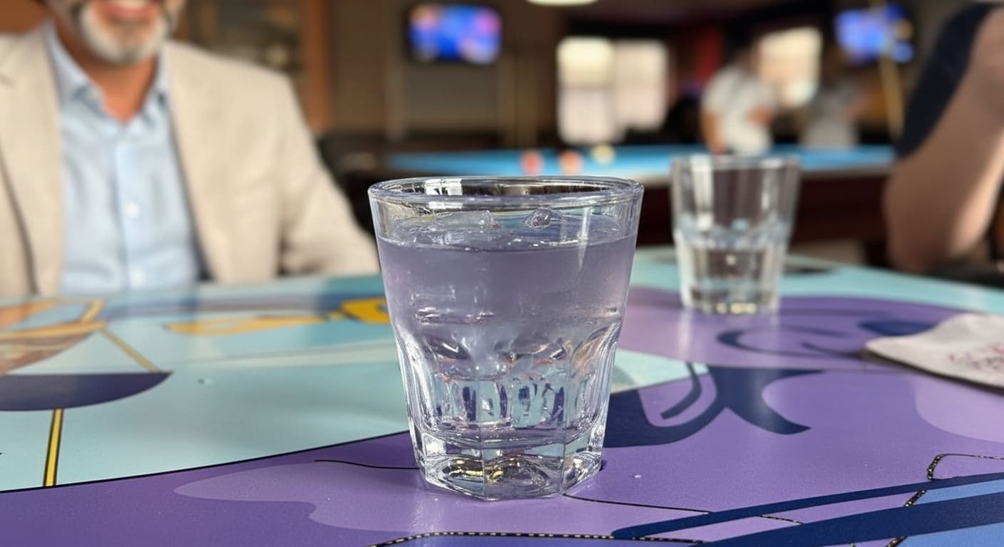 Clear shot glass on colorful painted table at East Nashville drinking establishment locals protect from tourists
