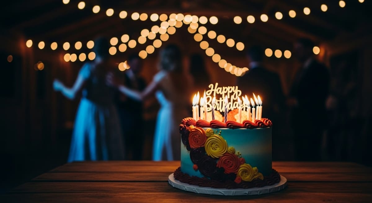 Beautiful birthday cake at joyful birthday party in Nashville glowing with candles in intimate party atmosphere.