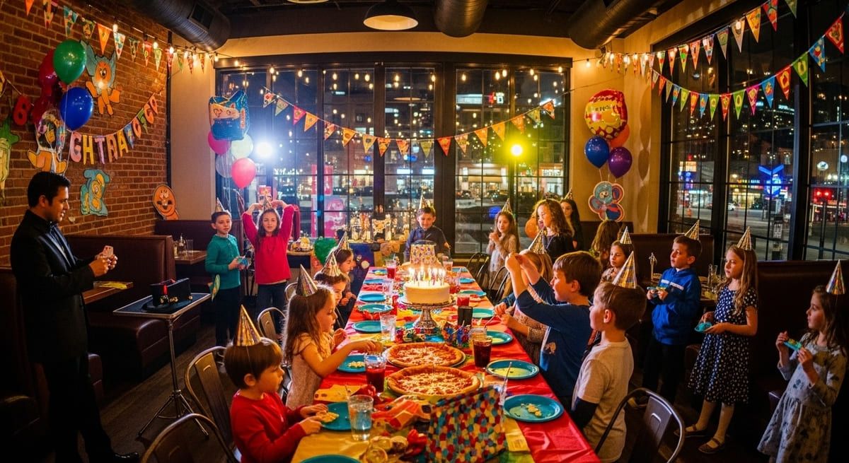 Kids happily enjoying affordable birthday party restaurants in downtown Nashville with delicious pizza and festive decor.