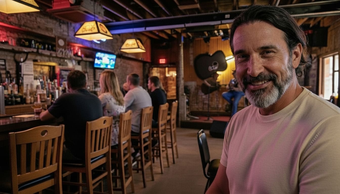 Bearded man smiling in busy Nashville bar where locals actually drink after work with TVs and warm lights