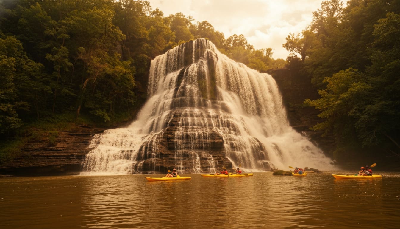 Kayakers paddle toward cascading waters at Burgess Falls, a must see destination across Tennessee for adventurers