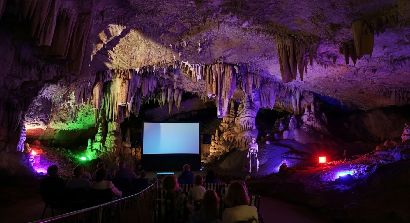 Purple-lit cavern theater creates an underground cinema experience at Cherokee Caverns that Tennessee travelers love