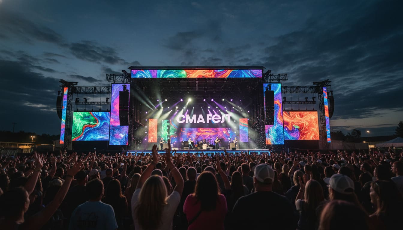 Massive concert crowd with vibrant stage screens shows CMA Fest as an iconic Tennessee location locals recommend