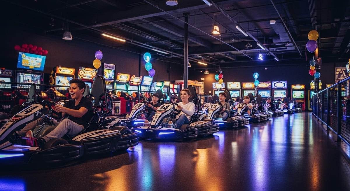 Excited kids racing at top arcade birthday venues in Nashville with go-karts and colorful party decorations.