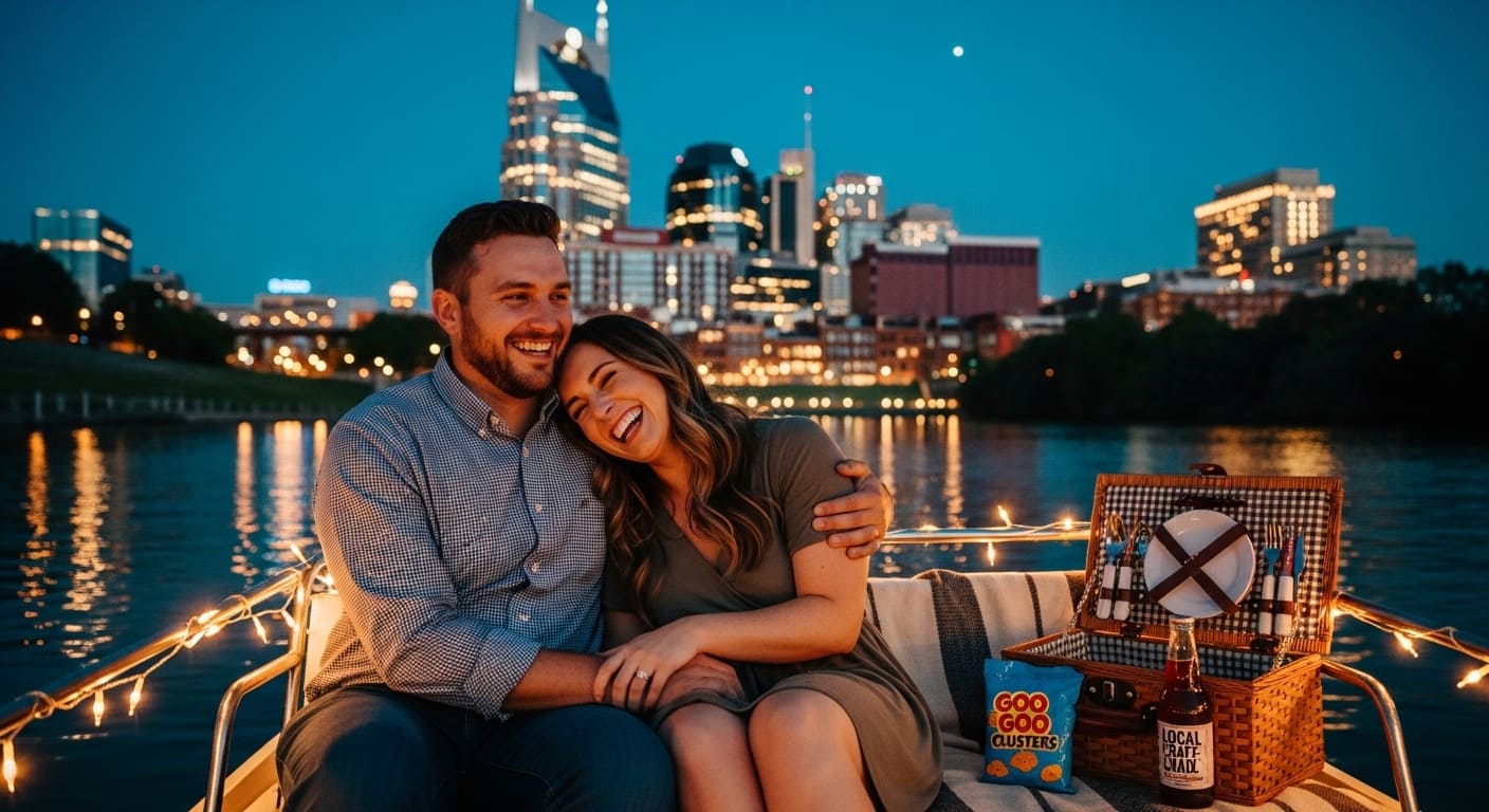 Happy couple laughing on boat with picnic enjoying Nashville riverfront date ideas on Cumberland River at sunset