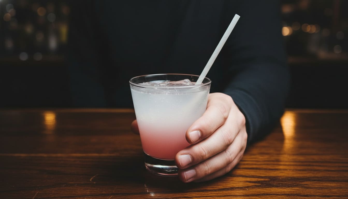 Hand holding pink gradient cocktail with straw on wooden bar at Dee's Lounge Nashville local favorite spot