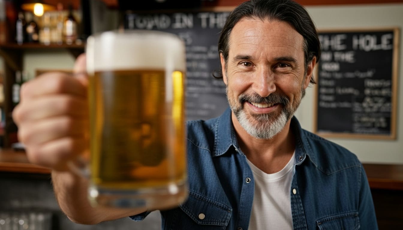 Man in denim shirt raising beer mug smiling at camera with casual Nashville pub atmosphere locals enjoy