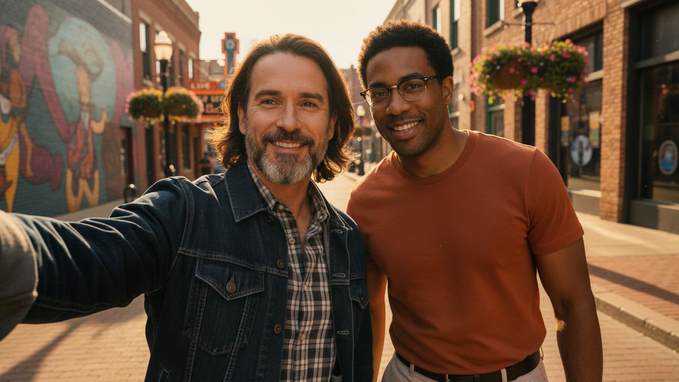 Tour guide and tourist taking selfie on Nashville street showing friendly local culture that welcomes solo travelers
