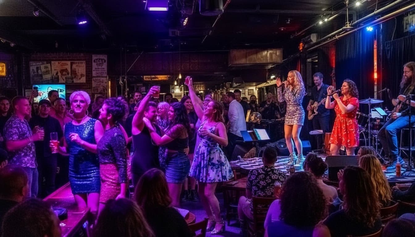 Packed crowd dancing at gay Nashville nightclub with live music and purple stage lighting atmosphere scene