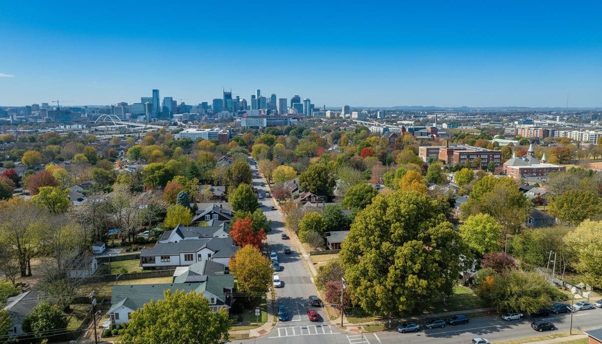 Aerial view of safest Nashville neighborhoods with low crime residential areas and tree-lined streets in Music City suburbs