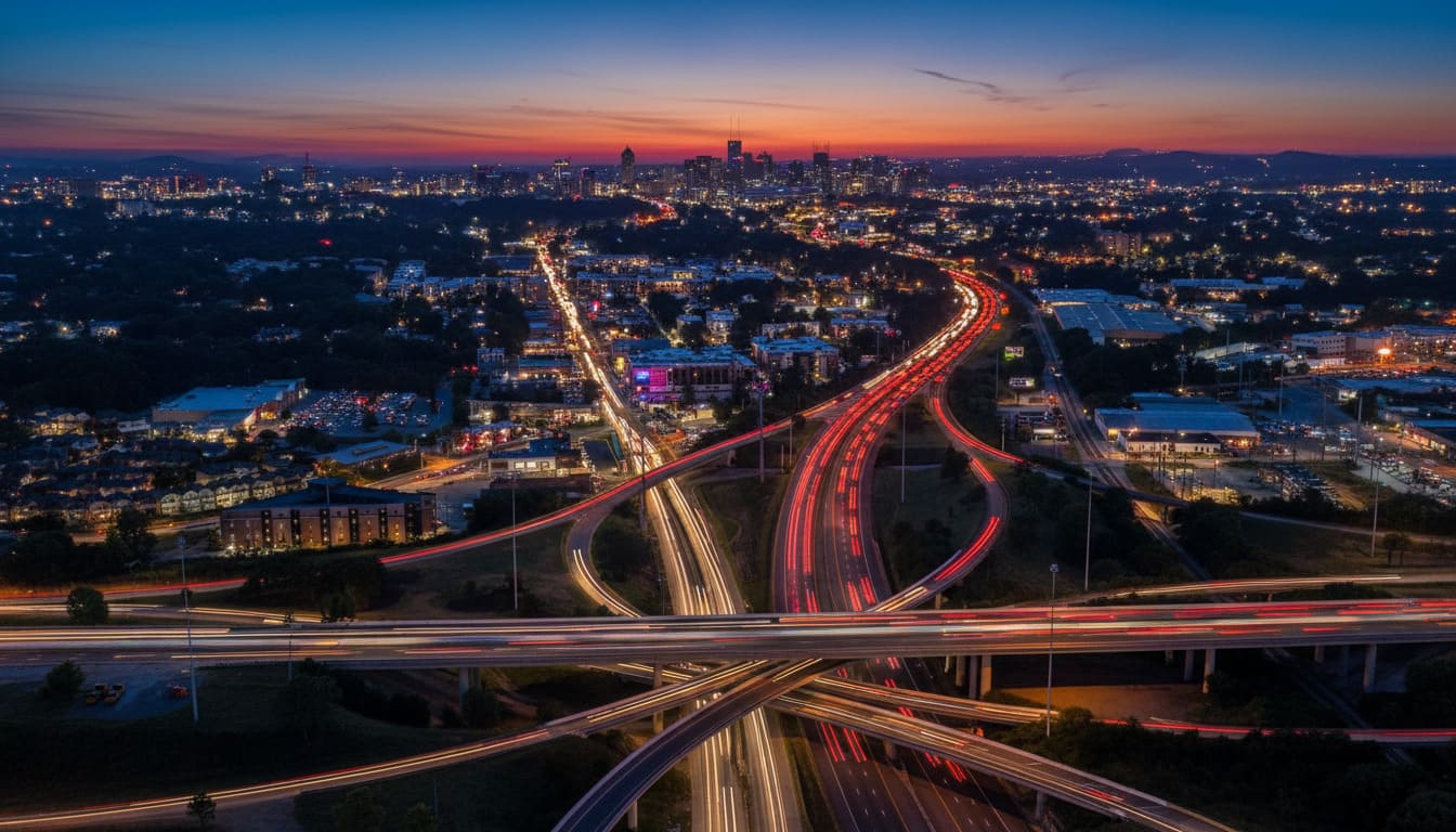 Aerial view of I-440 evening rush hour congestion with red brake lights stretching through Nashville's heaviest traffic hours