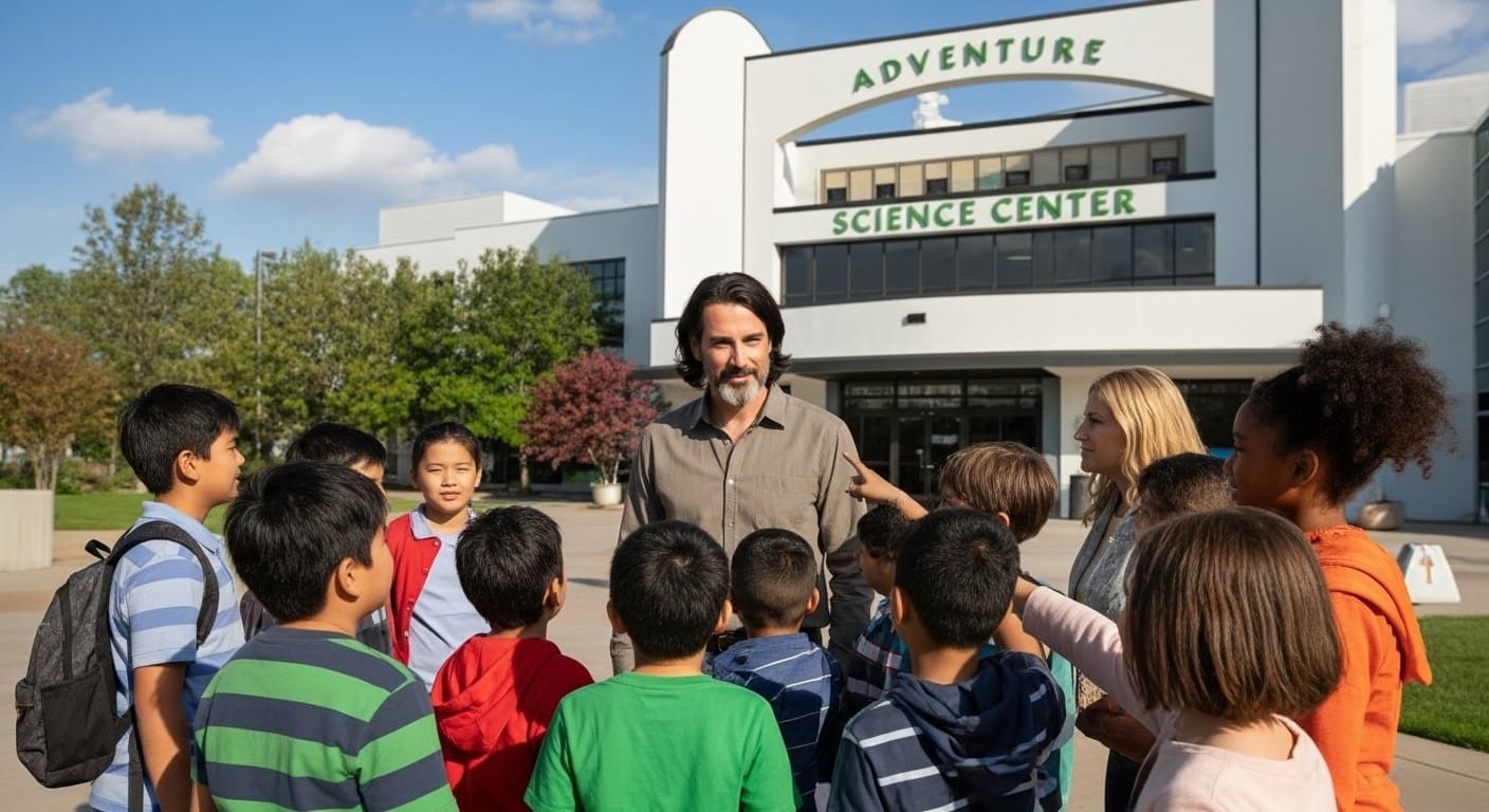 Tour guide Ethan leading elementary school students and teacher on educational trip at Nashville Science Center
