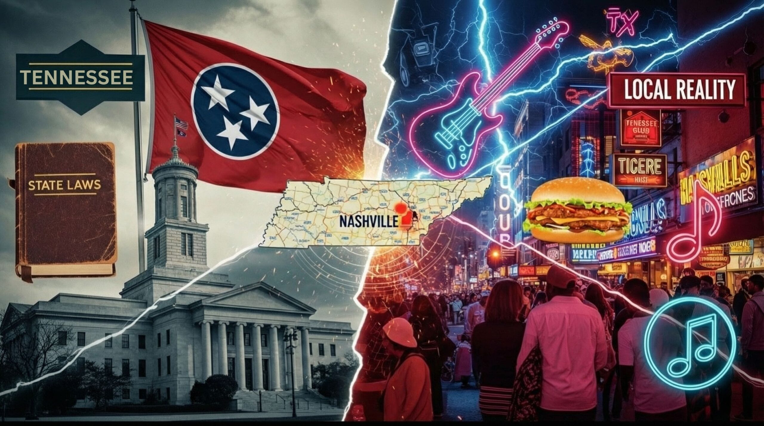 Split image showing Tennessee state laws versus Nashville LGBT friendly culture with capitol building and neon