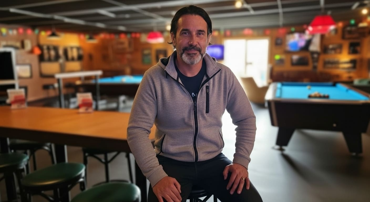 Man in hoodie by big pool table at Lakeside Lounge Nashville local hangout with colorful lights