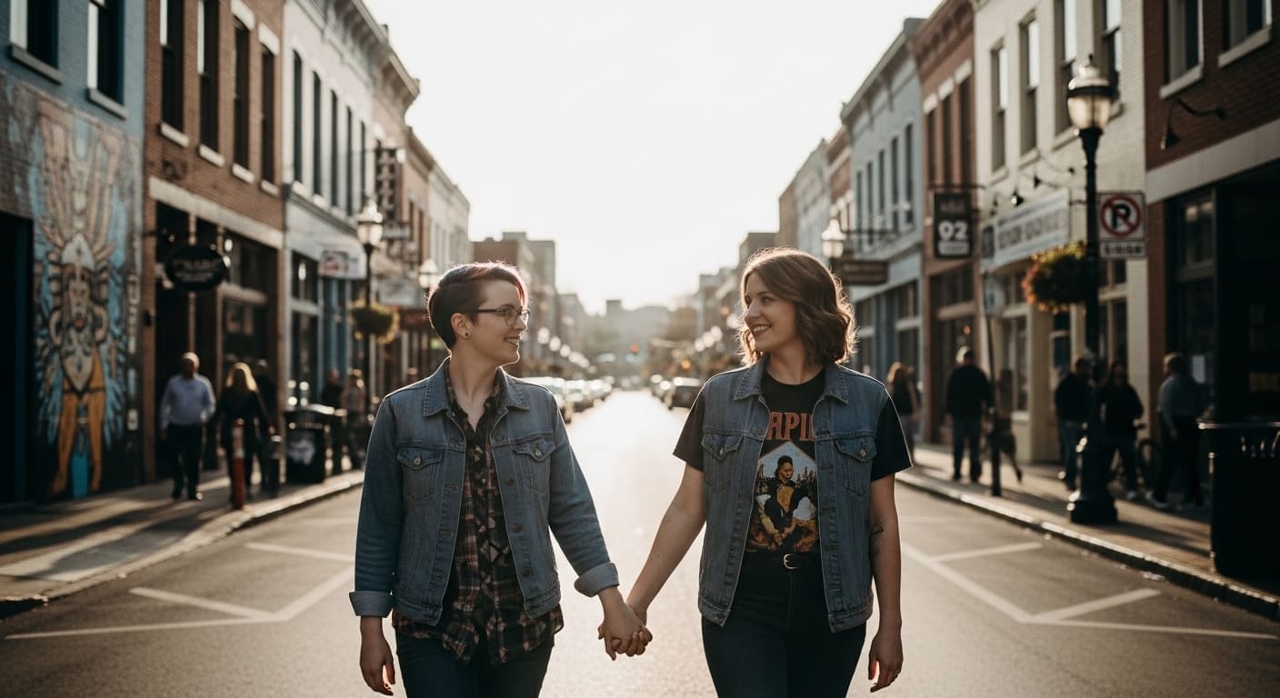 Two women holding hands walking down Nashville street showing lesbian couples in public feeling safe together