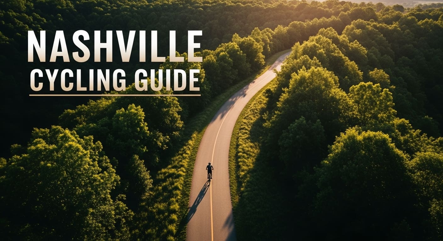 Drone shot of a bicyclist on scenic Nashville cycling route winding through vibrant green Tennessee forest