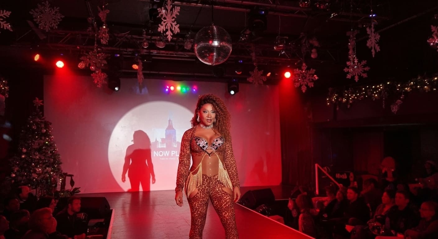 Drag queen performing on stage at Nashville drag show venues with disco ball and holiday decorations backdrop