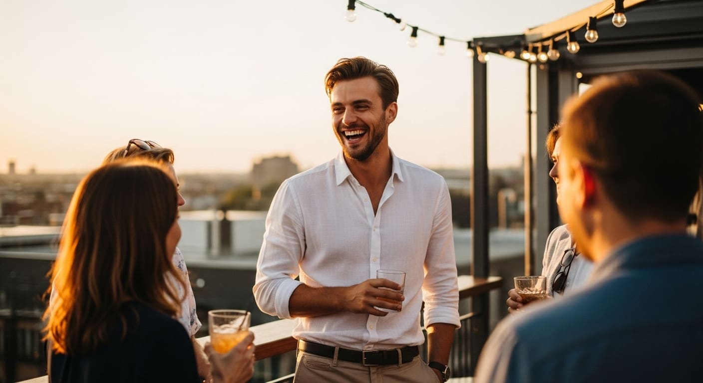 Solo traveler socializing on rooftop bar, experiencing Nashville's friendly culture that makes meeting people easy