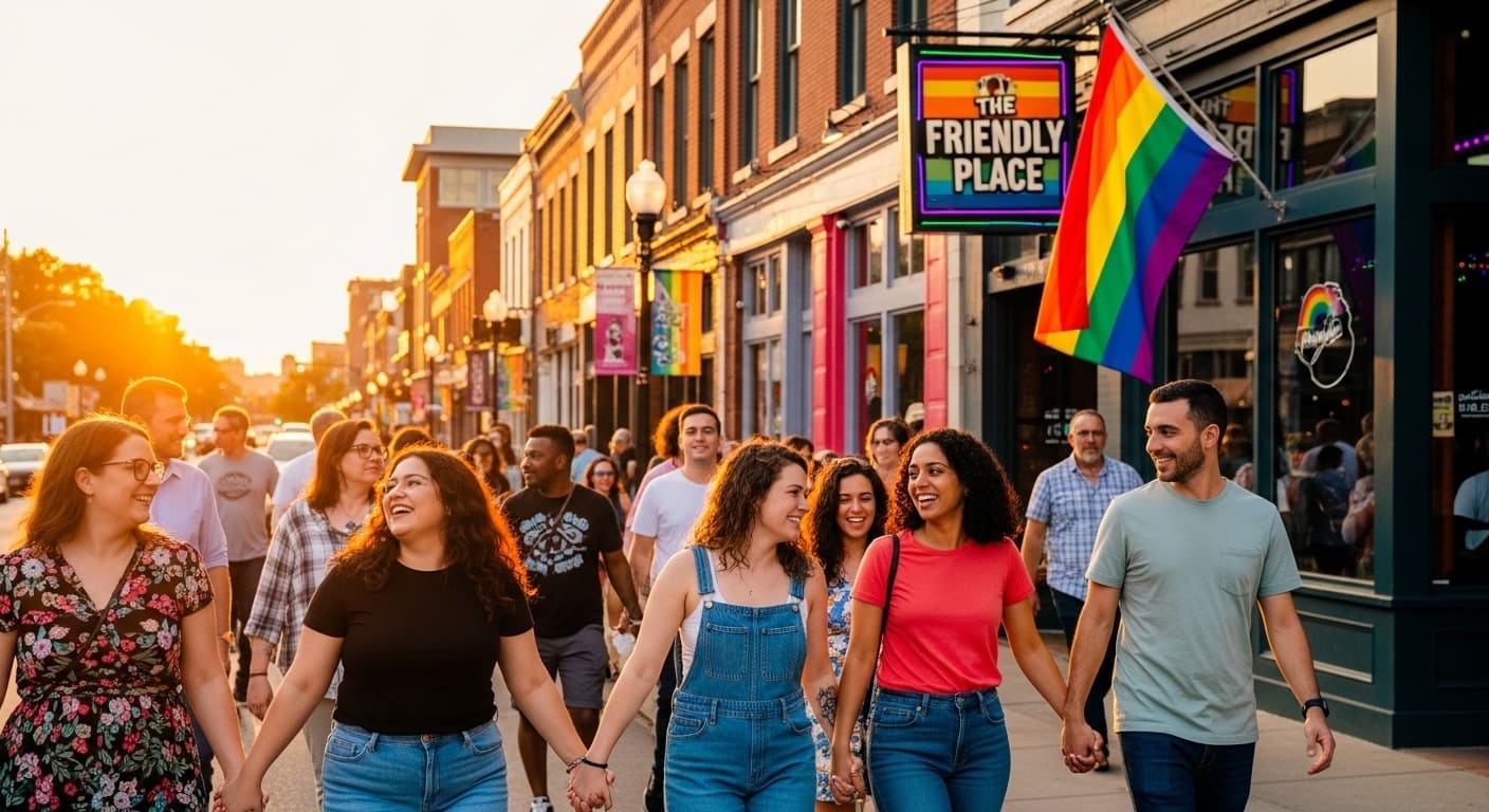 Diverse LGBTQ community walking confidently on Nashville streets with rainbow flags showing safe inclusive vibe