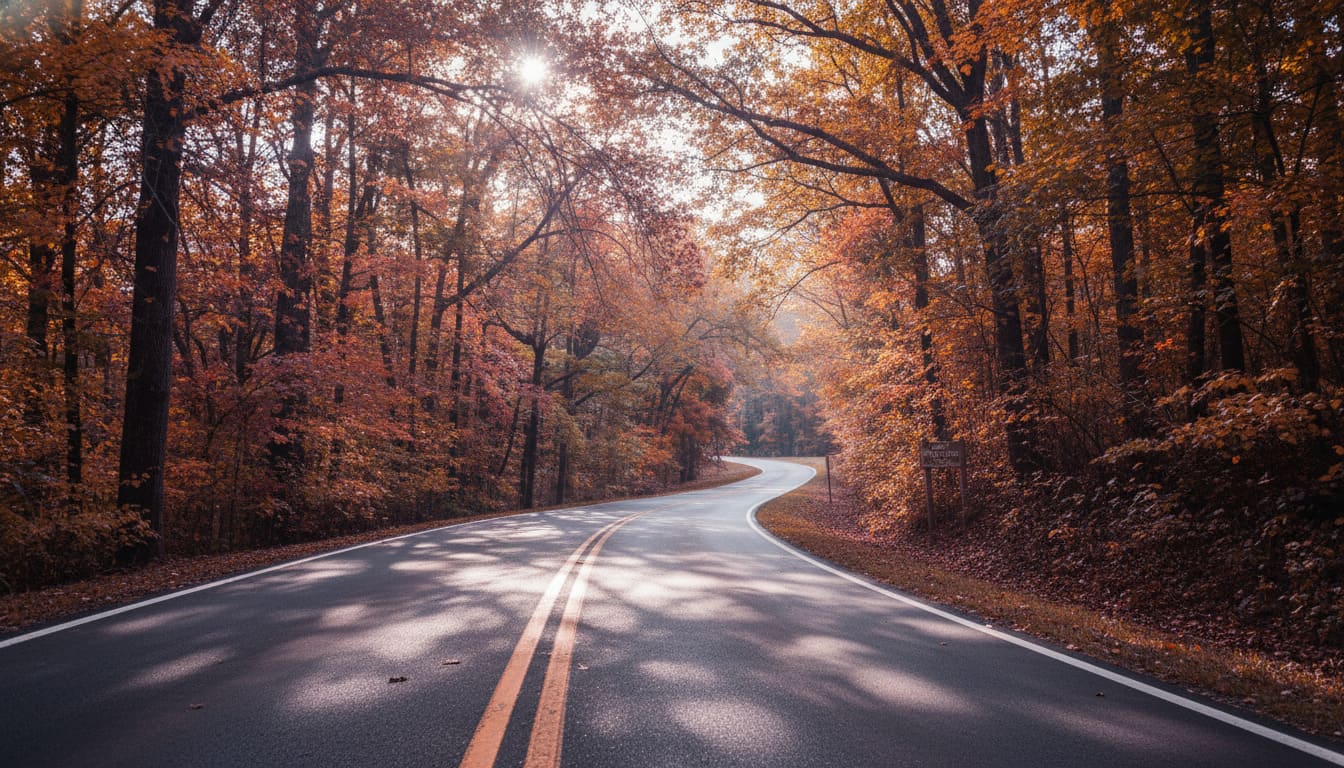 Winding autumn road through forest makes Natchez Trace Parkway an unforgettable Tennessee adventure to check off