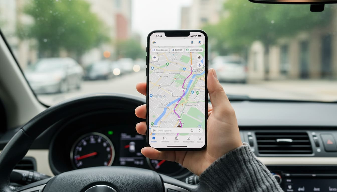 Driver using navigation app to avoid Nashville rush hour traffic, smartphone showing route timing from car dashboard view