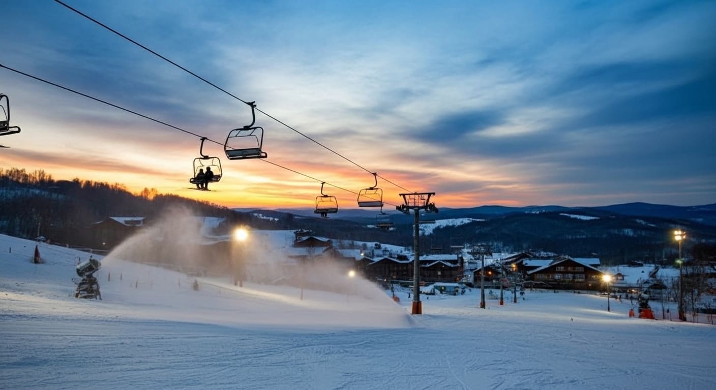 Snow-covered slopes and chairlifts at dusk showcase Ober Mountain as a top Tennessee adventure worth experiencing