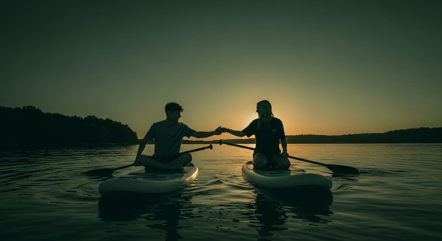 Two paddleboarders reaching for each other at Percy Priest Lake Nashville outdoor date activities for active couples