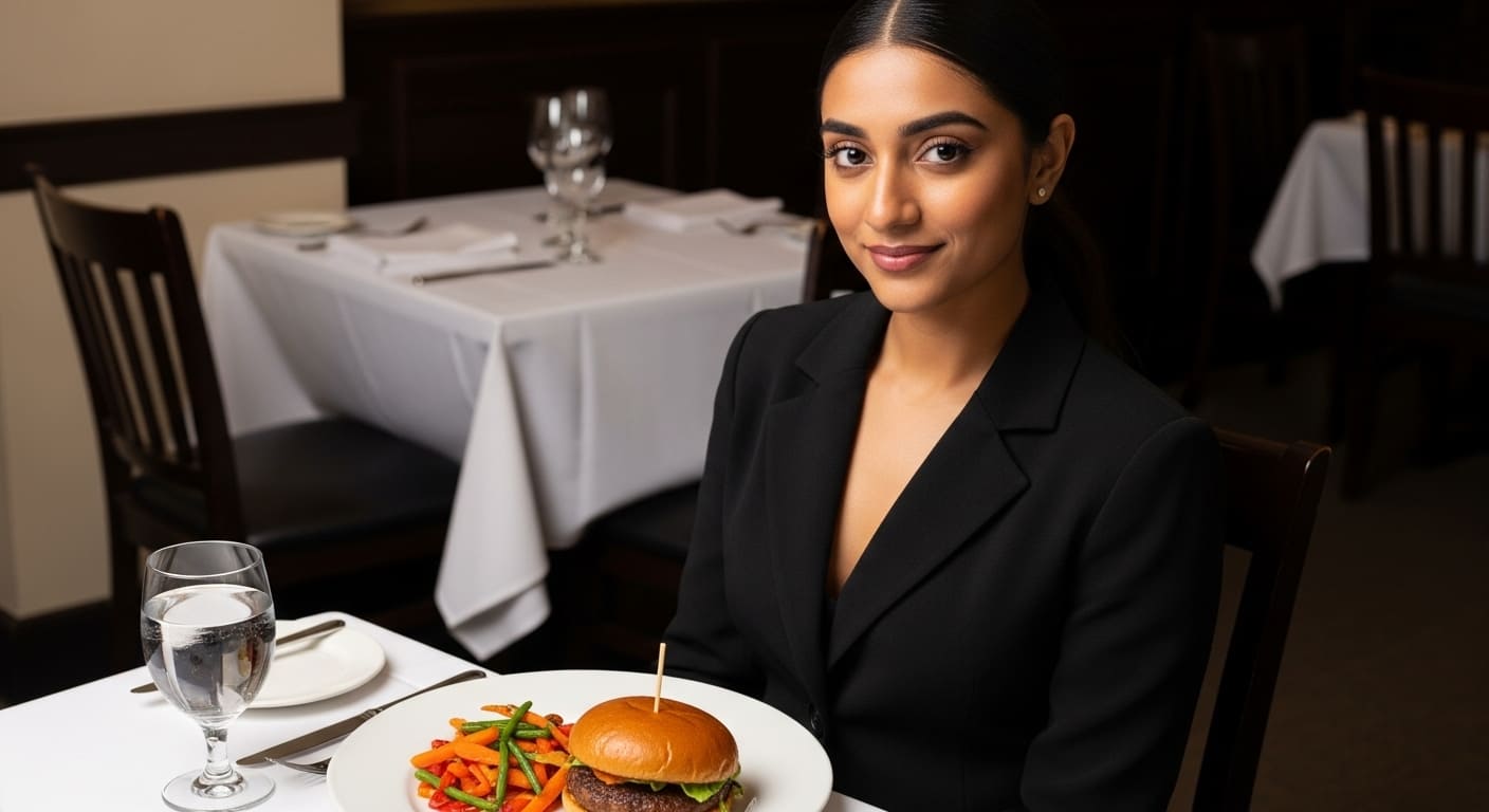 Priya savoring best vegan food in Nashville with gourmet burger and colorful veggie sides at upscale spot