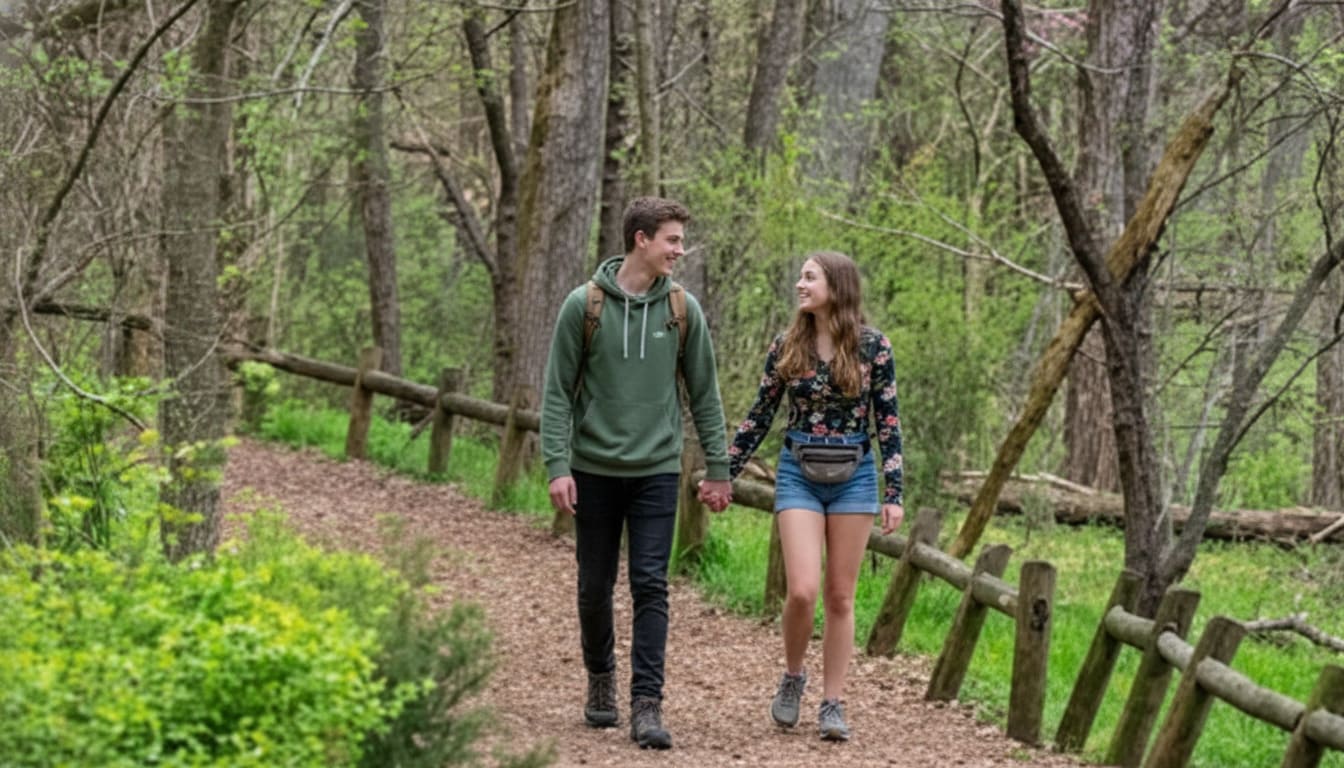 Couple strolling hand in hand on forest path at Radnor Lake hiking date ideas Nashville nature spots for couples
