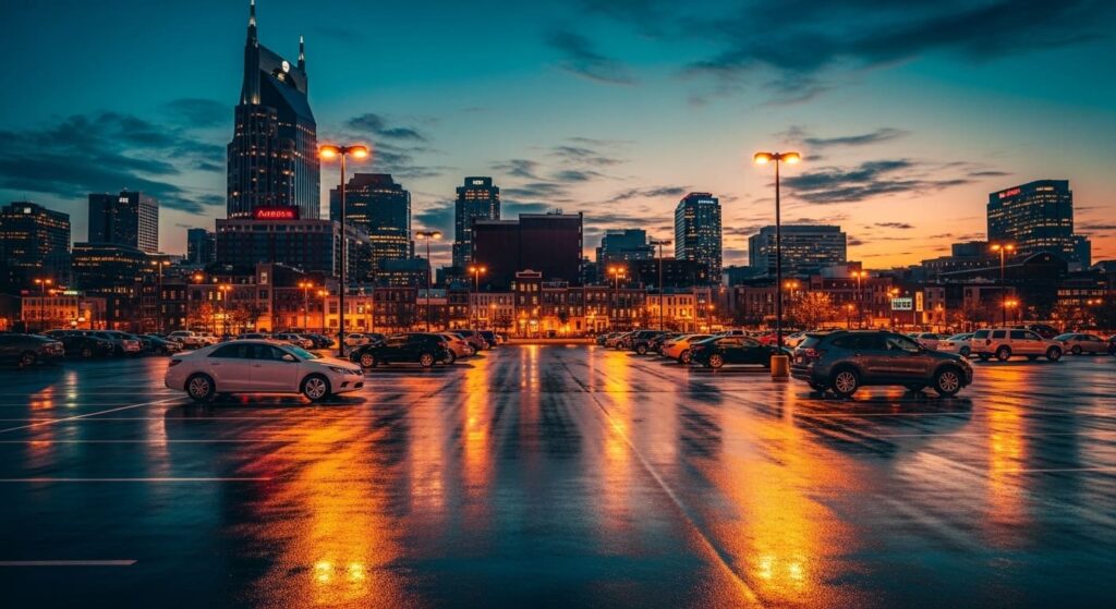 Nashville downtown parking area filled with vehicles at dusk offering complimentary spaces near major attractions and landmarks