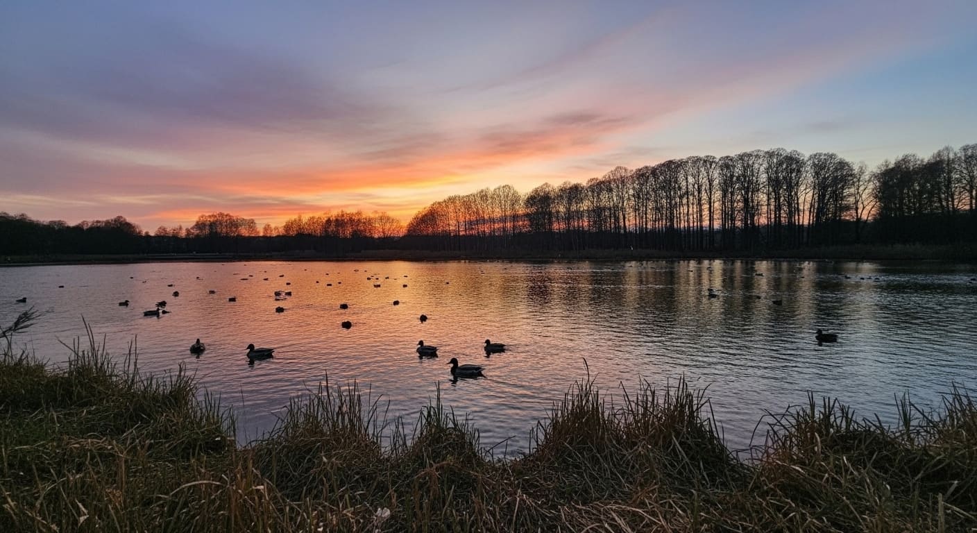 Ducks floating on golden sunset waters make Reelfoot Lake one of the best bucket list places to visit in Tennessee