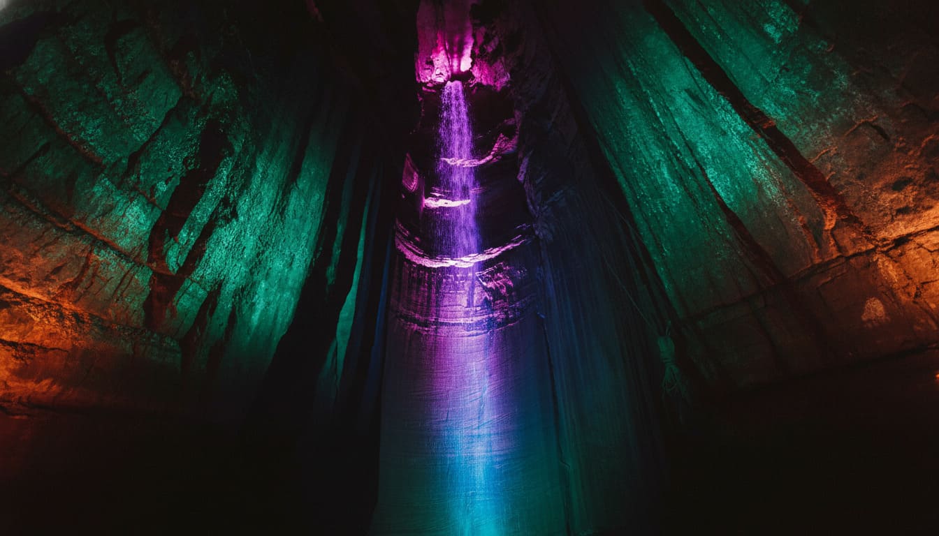 Colorfully illuminated underground cascade proves Ruby Falls is among unique places to explore in Tennessee year-round