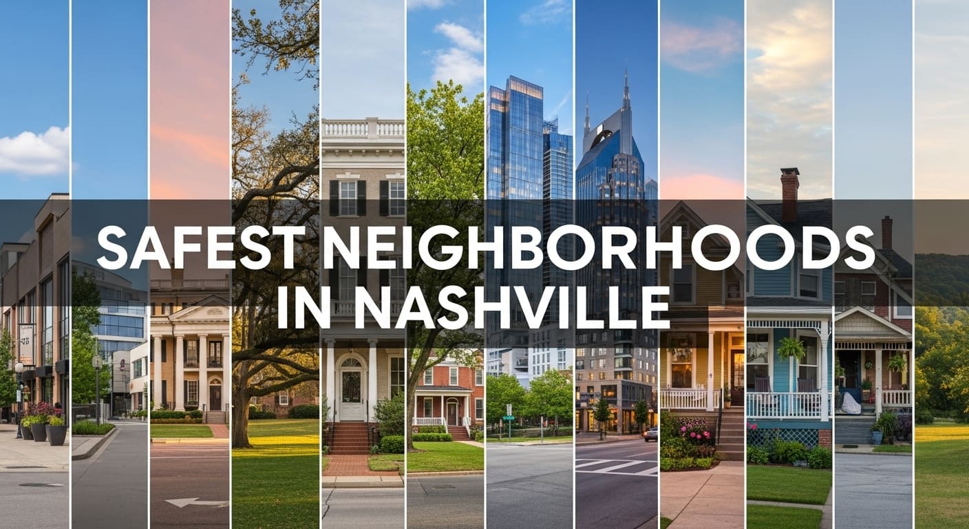 Collage showcasing safest neighborhoods in Nashville featuring beautiful residential homes and vibrant modern urban lifestyle charm