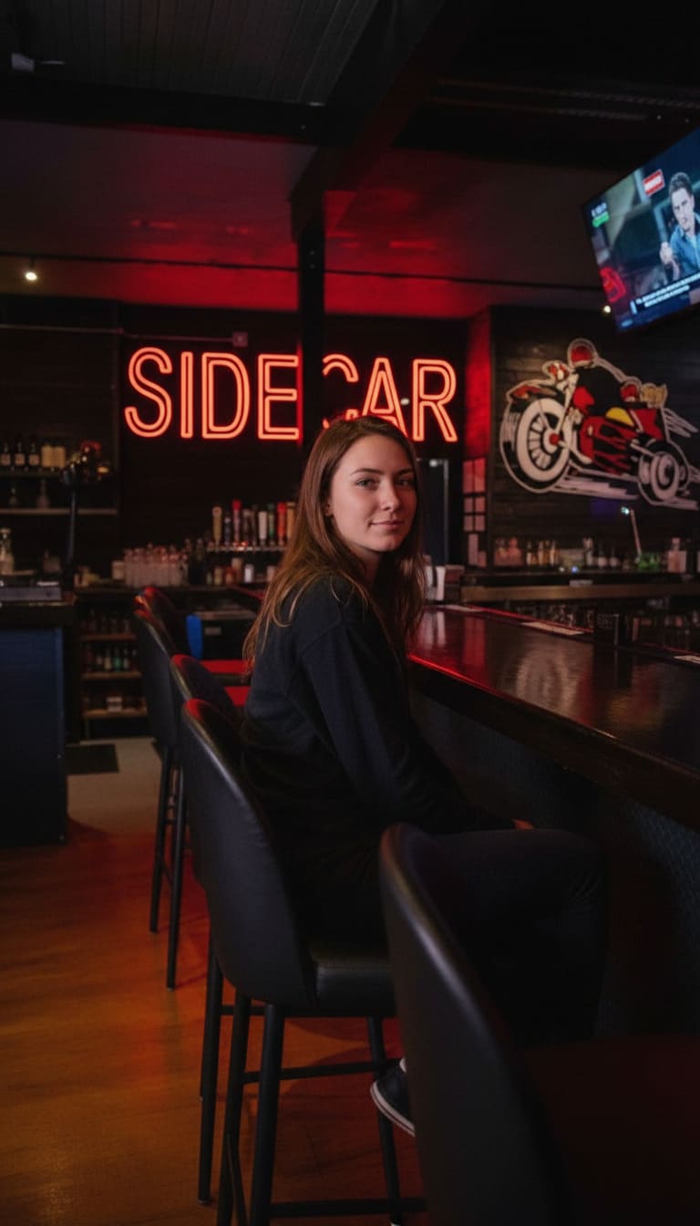 Woman sitting at bar counter under red neon Sidecar sign at hidden neighborhood bars locals keep secret