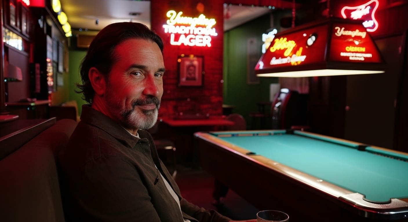 Man sitting by green wall and pool table under red Yuengling neon signs at genuine hole-in-the-wall bars Nashville