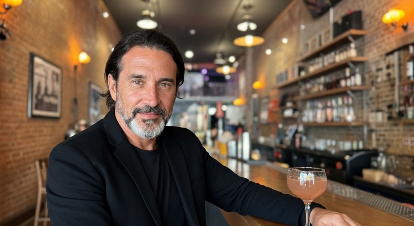 Man in black blazer holding pink cocktail at brick wall bar exploring Nashville bars beyond Broadway's crowds