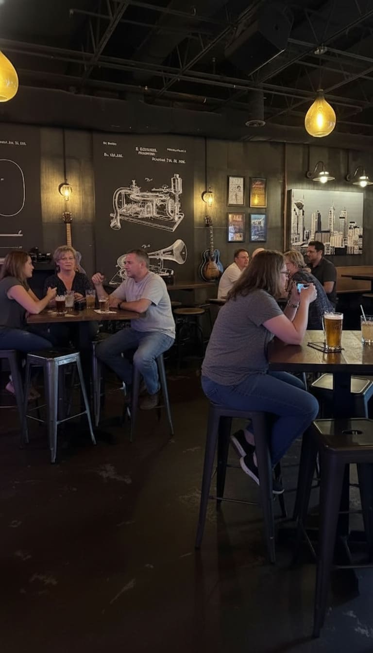 Friends drinking at high tables in industrial taproom at The Local Nashville brewery bar locals frequent