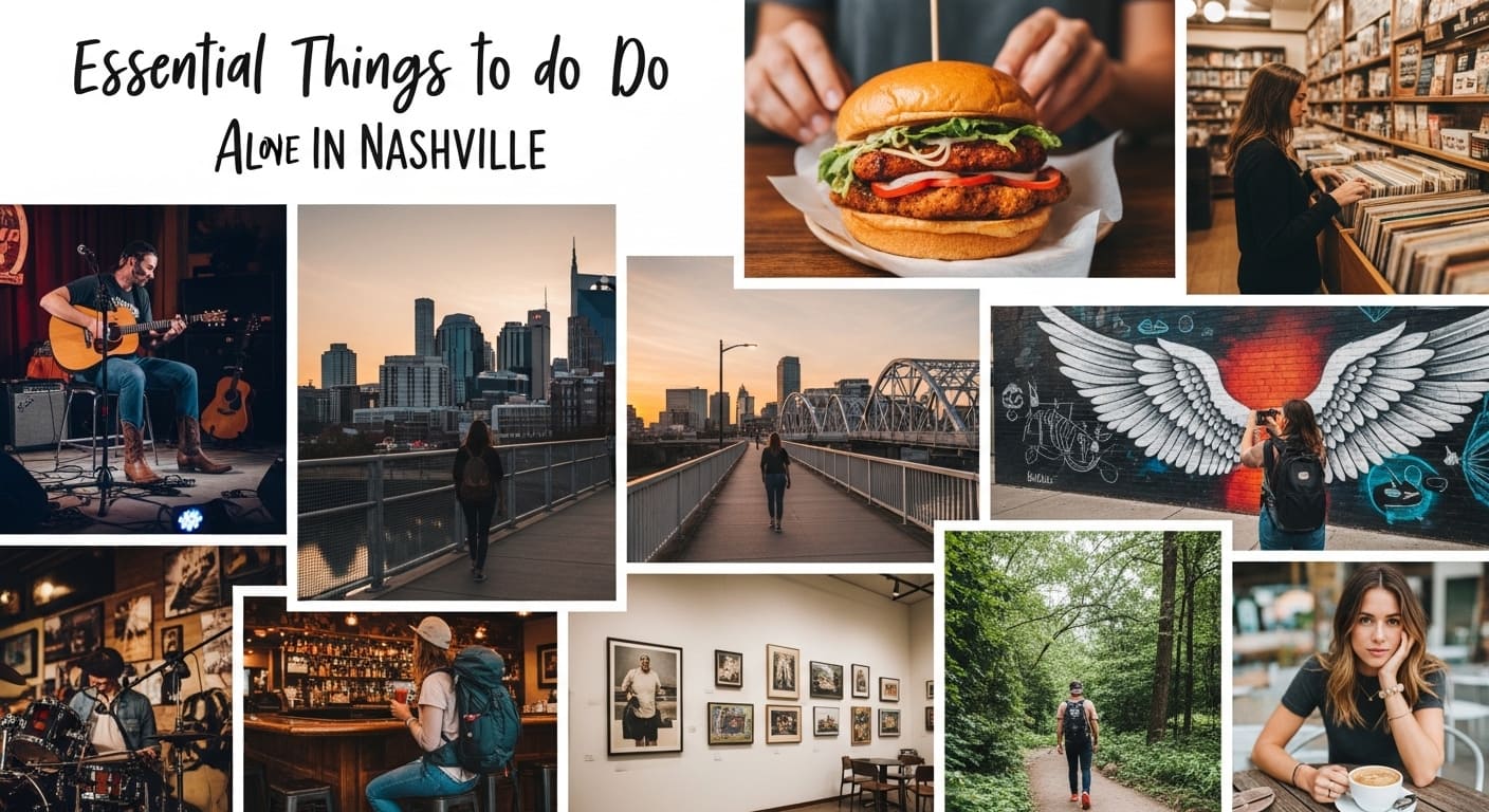 Collage showing essential things to do alone in Nashville: live music, dining, art museums, and solo-friendly activities