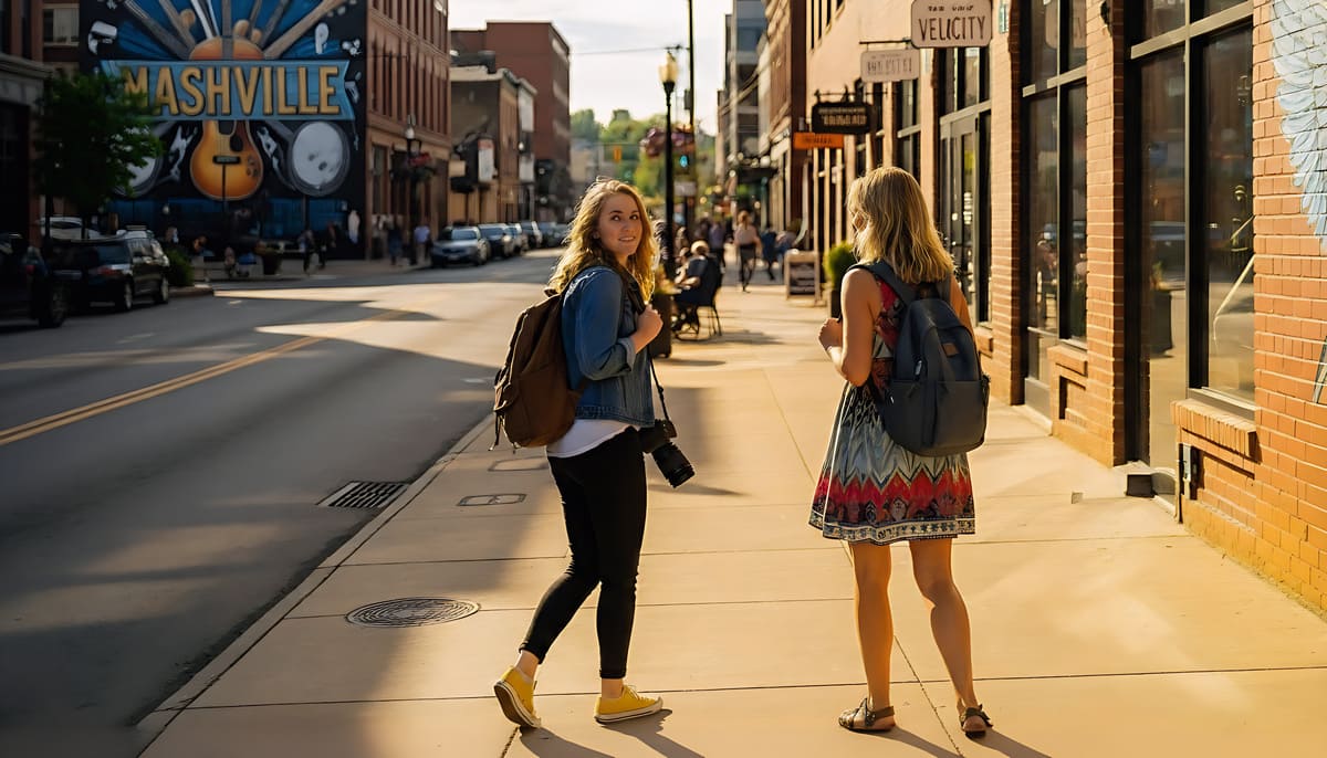 Two tourists explore cool neighborhoods in Nashville during golden hour with cameras and backpacks on street