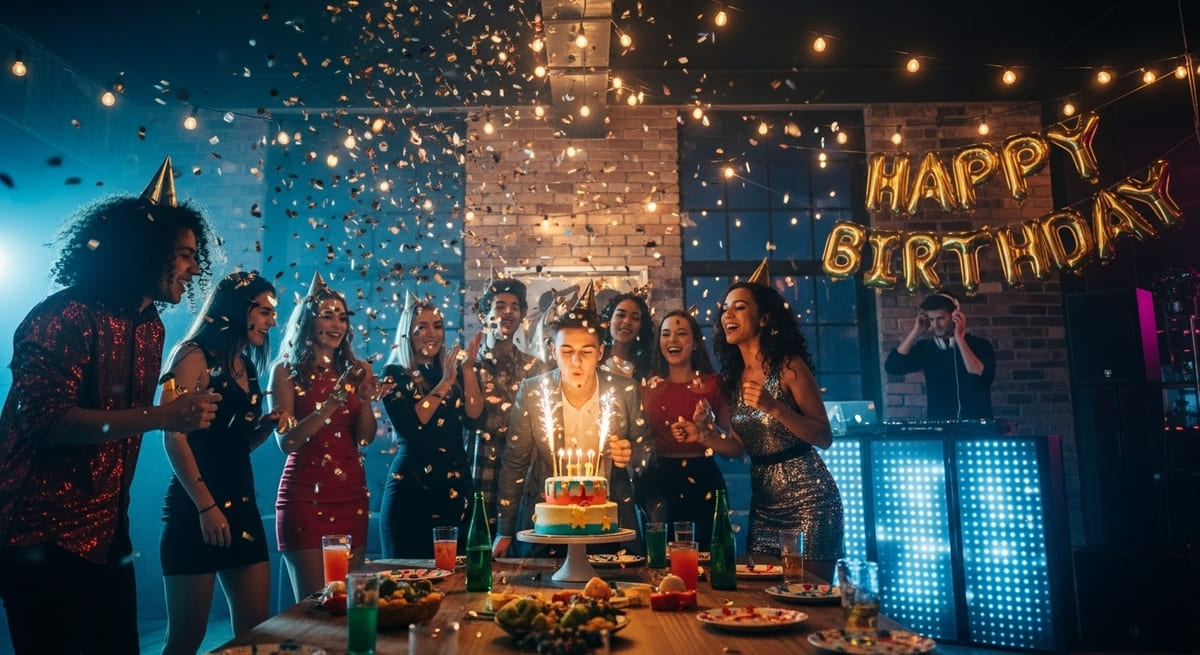 young Kids celebrating friends ultimate birthday party in Nashville with bright confetti and sparklers at glamorous venue.