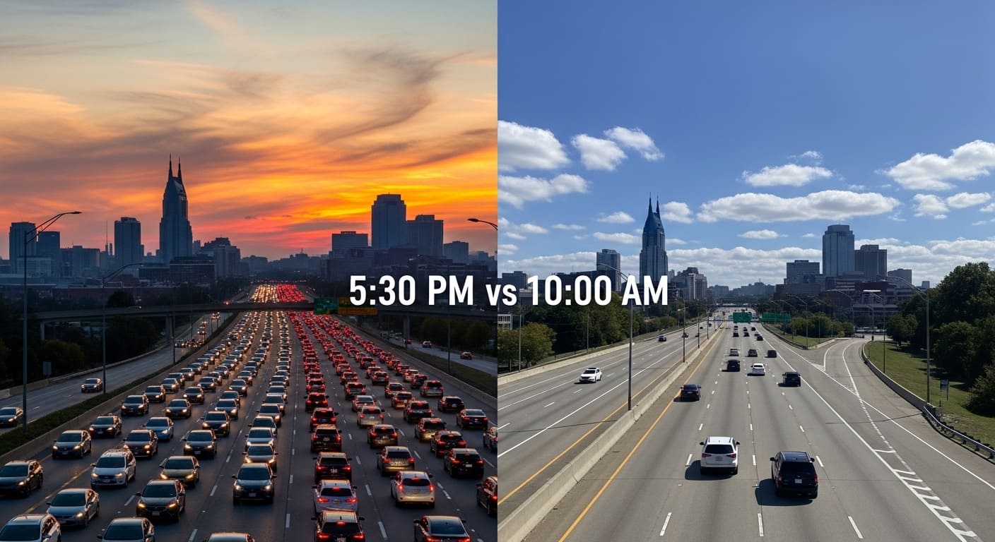 Split comparison when is rush hour in Nashville: 5:30 PM gridlock versus 10:00 AM clear roads showing best driving times
