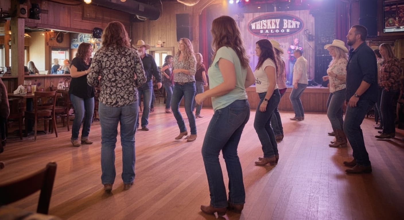 Busy dance floor with partners line dancing at Nashville honky tonk date night Whiskey Bent Saloon