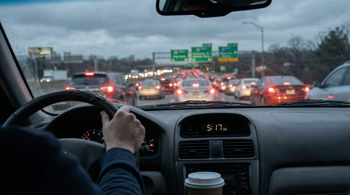 Dashboard view at 5:17 PM showing worst Nashville traffic time, gridlocked highway during peak evening rush hour commute