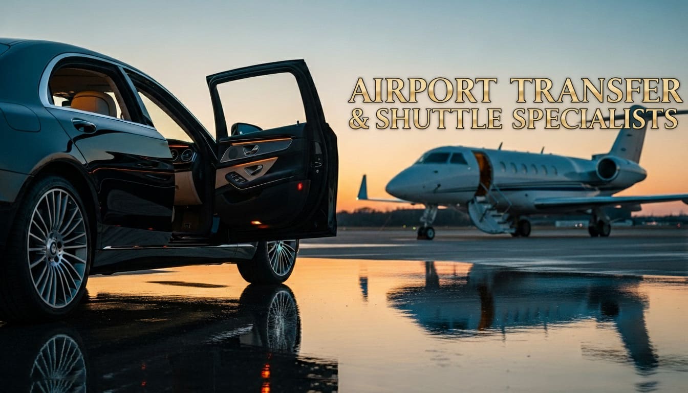 Best airport taxi transportation in Nashville service during sunset with sleek Mercedes and private jet on tarmac