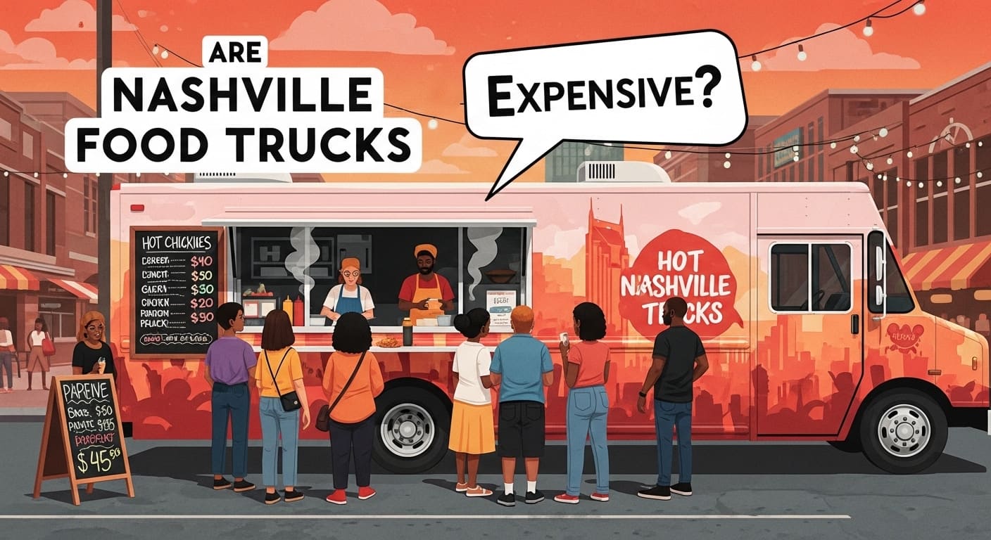 Illustration asking are Nashville food trucks expensive with Hot Nashville Trucks vendor and menu pricing displayed