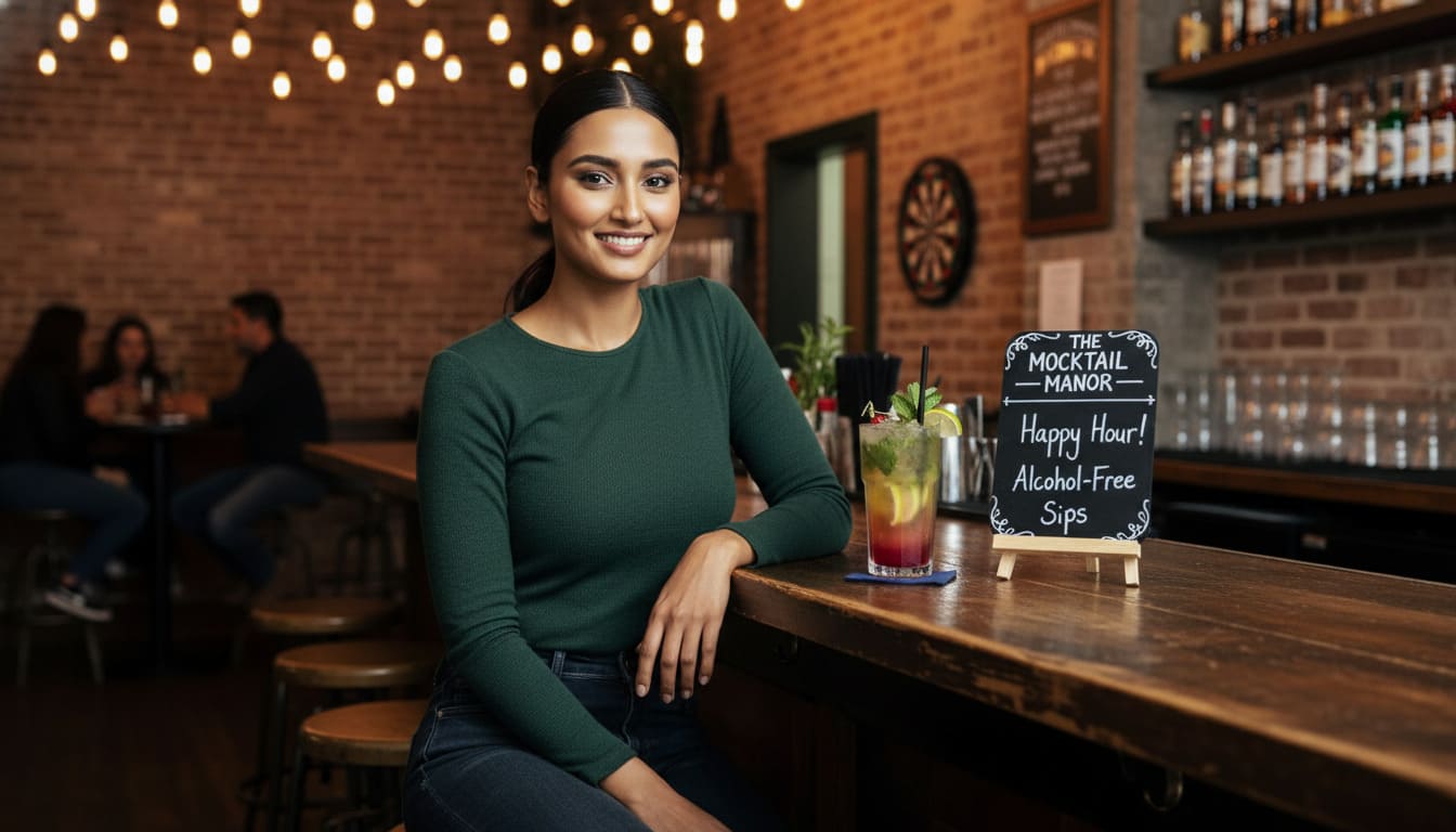 Woman sitting at wooden bar with colorful layered mocktail and chalkboard menu at casual Nashville spot
