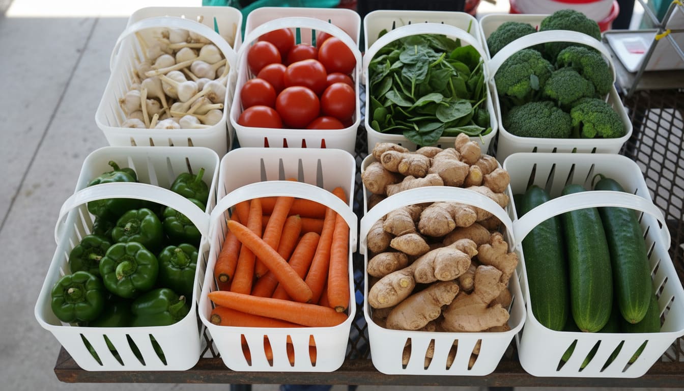 White baskets filled with colorful vegetables sit at Mt Juliet among Nashville's best market for local produce