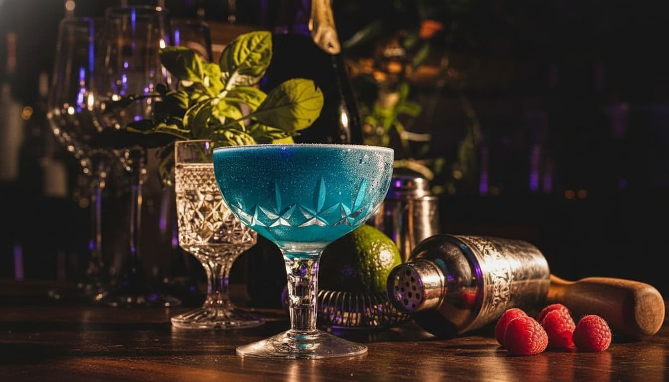 Vibrant blue crystal coupe holding a blueberry alcohol-free drink topped with fresh berries at Flamingo Cocktail Club